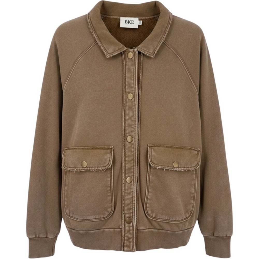 BKE Menswear Button Up Jacket Collared Brown Utility Style Distressed Look Sz M